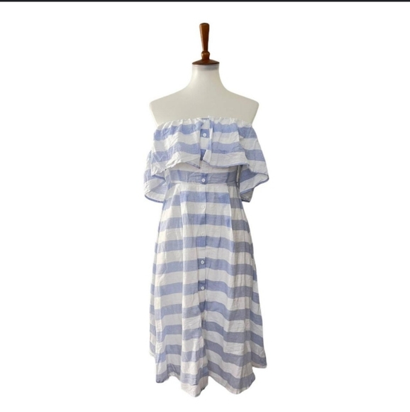 Lulus- Stripe Off/ On Shoulder button Down Dress-M - Picture 7 of 11